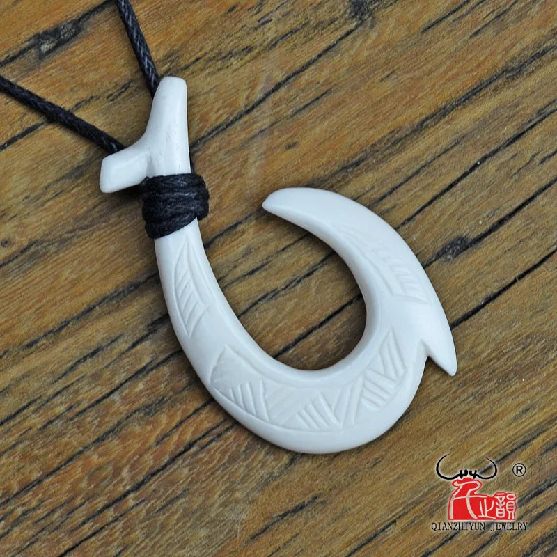 GX121 Handmade Men's Jewelry Pendant Yak Bone Fish Hook Choker Hawaii Necklace for surfing