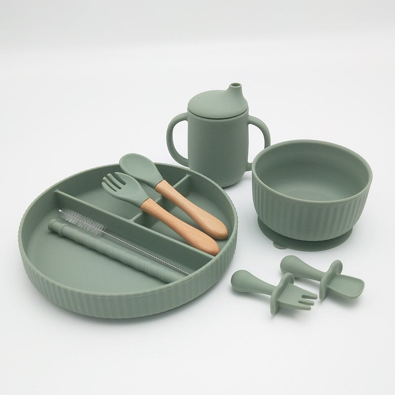 Striped Suction Dining Plate Bowl Spoon Fork Water Cup Set