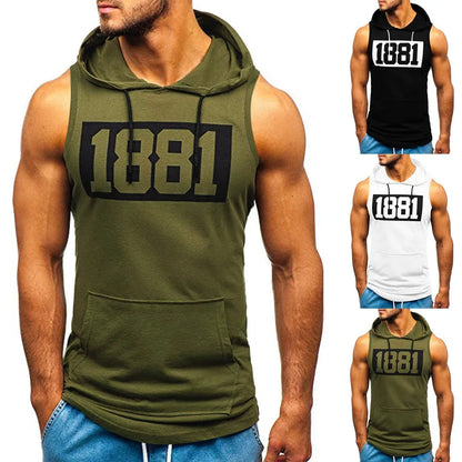 Sports Tank Tops Men Fitness Muscle Print Sleeveless Hoodie