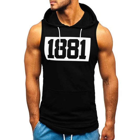 Sports Tank Tops Men Fitness Muscle Print Sleeveless Hoodie