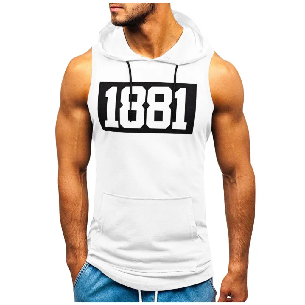 Sports Tank Tops Men Fitness Muscle Print Sleeveless Hoodie