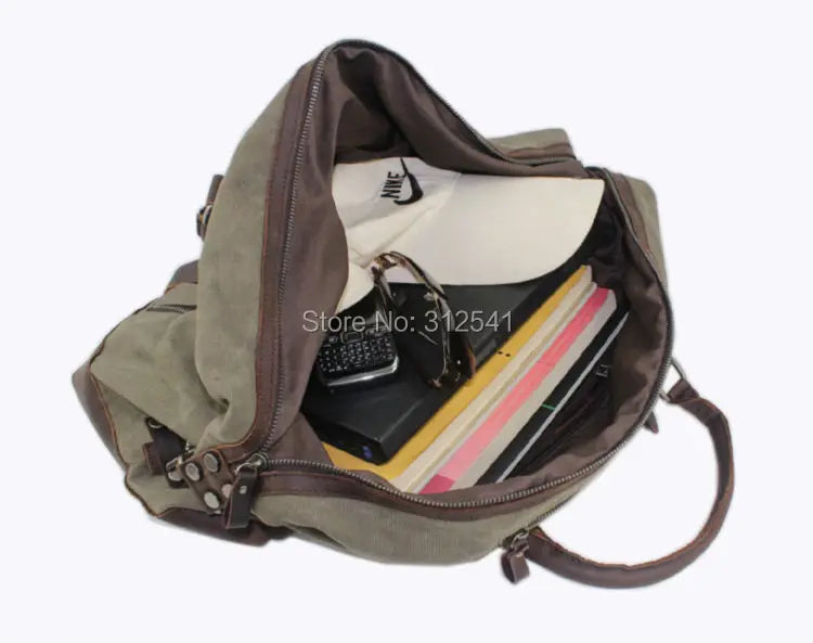 Vintage military Canvas Leather men travel bags Carry on Luggage bags Men Duffel bags travel tote large weekend Bag Overnight