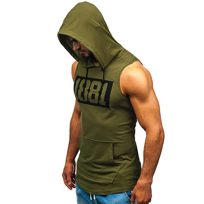 Sports Tank Tops Men Fitness Muscle Print Sleeveless Hoodie