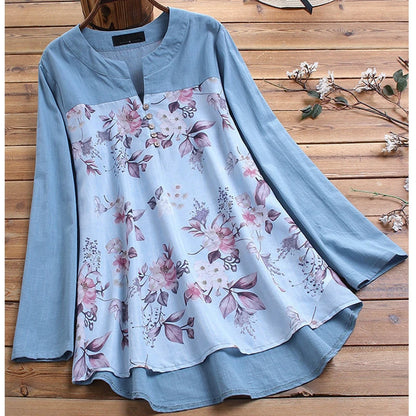 Women Vintage V Neck Top Autumn Floral Printed Blouse