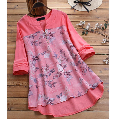 Women Vintage V Neck Top Autumn Floral Printed Blouse