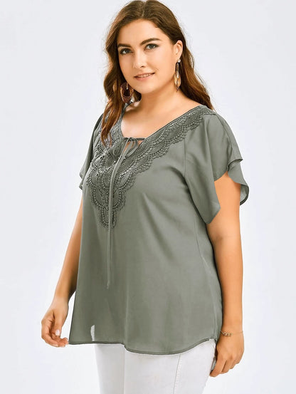 Women's European and American-Style Large-Size Panel Short-Sleeve Lace