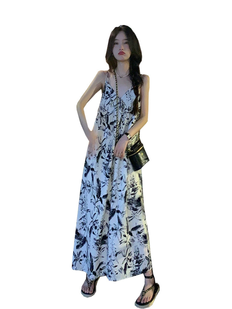 Summer 2023 New Women's Strap Floral Full Body Dress Beach Long dress Seaside Vacation French style Waist Hugging Draping Effect