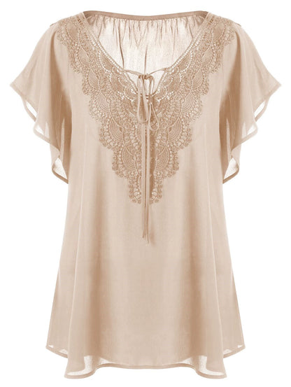 Women's European and American-Style Large-Size Panel Short-Sleeve Lace