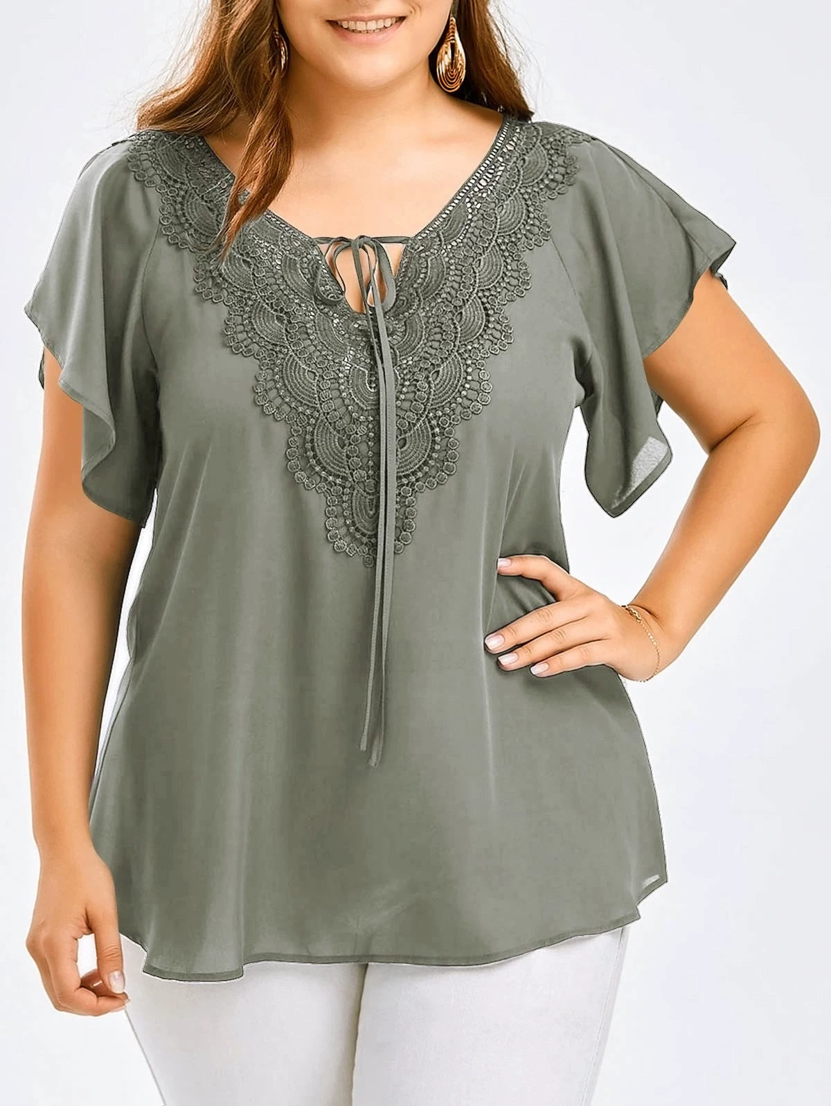 Women's European and American-Style Large-Size Panel Short-Sleeve Lace