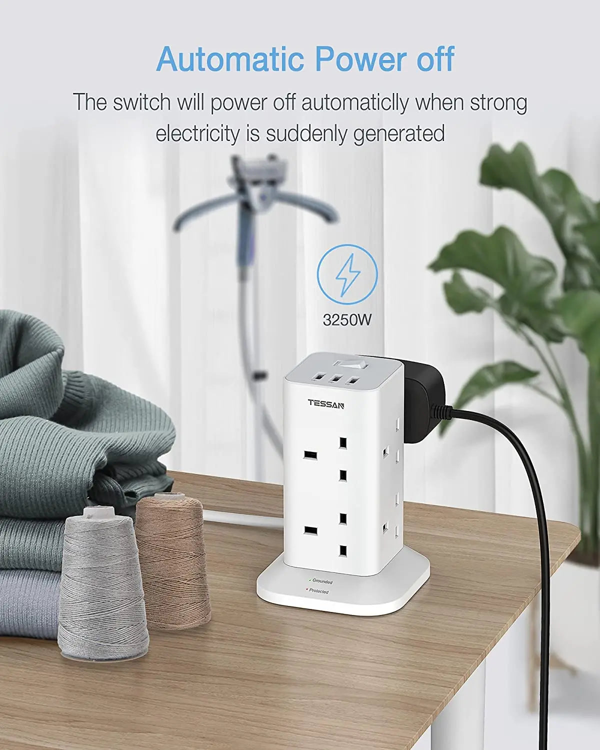 TESSAN Tower Power Strip Vertical UK Plug Adapter Outlets 8 Way AC Multi Electrical Sockets with 3 USB Surge Protector 2m Cable