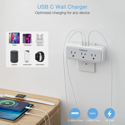 TESSAN Multi Plug Outlet Extender with 5 Outlets & 3 USB (1 USB C), Electrical Power Expander with Surge Protector Spaced