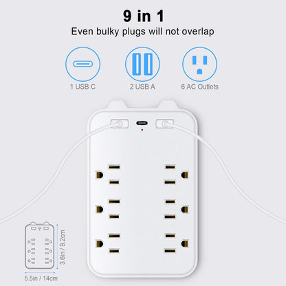 USB Wall Charger, Surge Protector, 6 Outlet Extender with 3 USB Ports(1 USB C)