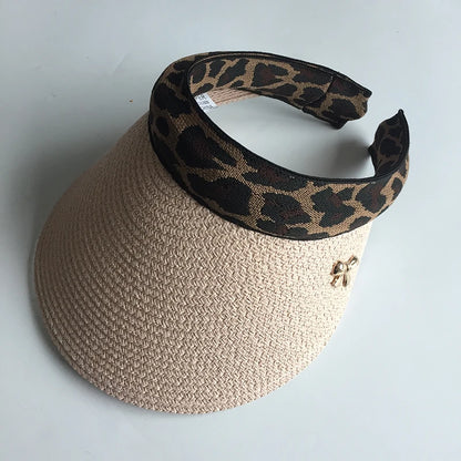 2019 New Woman's Sun Hats Female Leopard Bowknot Visor Caps Hand Made DIY Straw Summer Cap Casual Shade Hat Empty Top Hat Beach