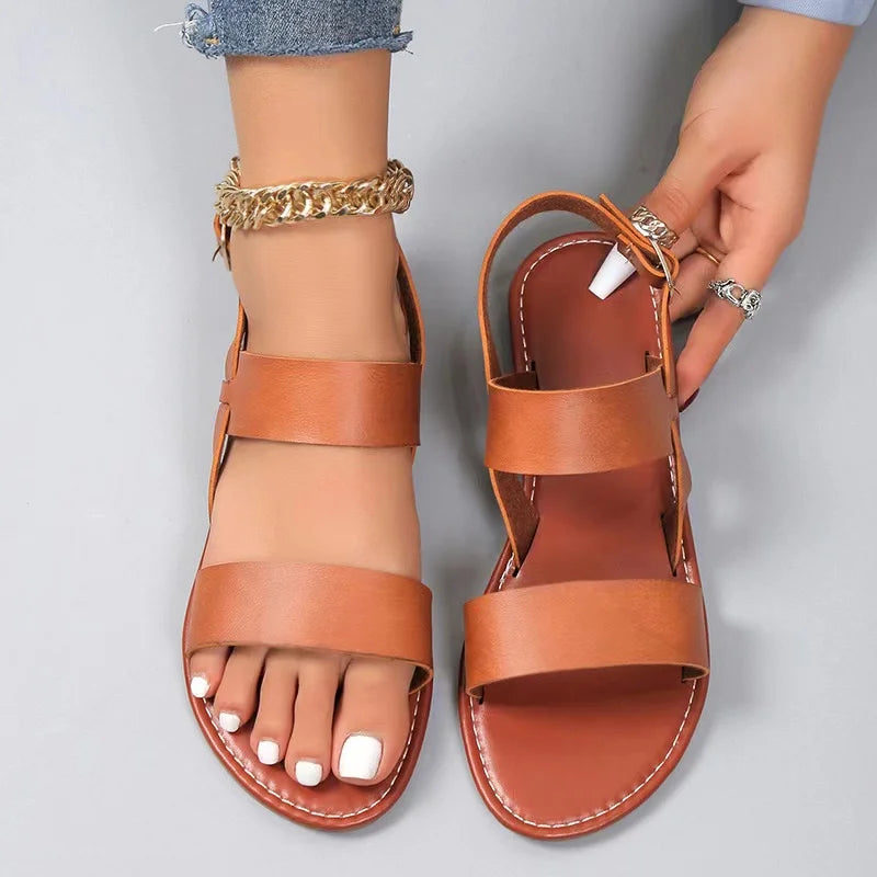 Women Flat Sandals 2023 Leather Cross Strap Rome Style High Quality Summer Ladies Shoes  Buckle Strap