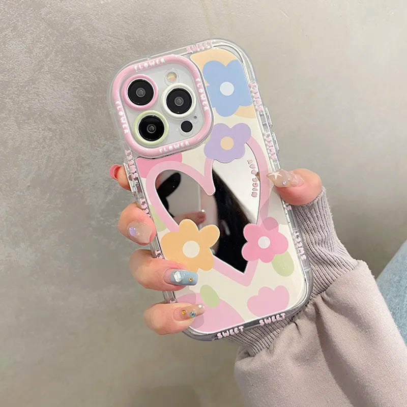 Love Heart Flowers Mirror Phone Case For iPhone