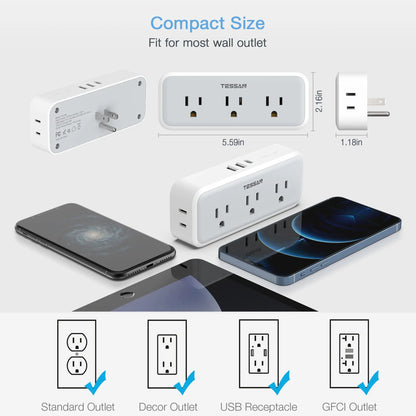 TESSAN Multi Plug Outlet Extender with 5 Outlets & 3 USB (1 USB C), Electrical Power Expander with Surge Protector Spaced