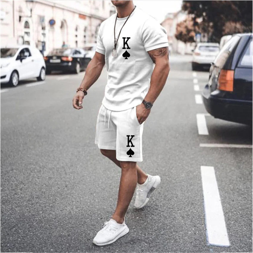 3D Poker Pattern Print Leisure Men's T-shirt Set Sportswear Male Oversized Clothing Tees Shorts Suit For Man Summer Hawaii Beach