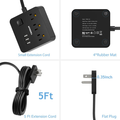 TESSAN Ultra Thin Extension Cord with 3 AC Outlets & 3 USB Ports, 6 in 1 Flat Plug Power Strip with 5ft Extension Cord for Home