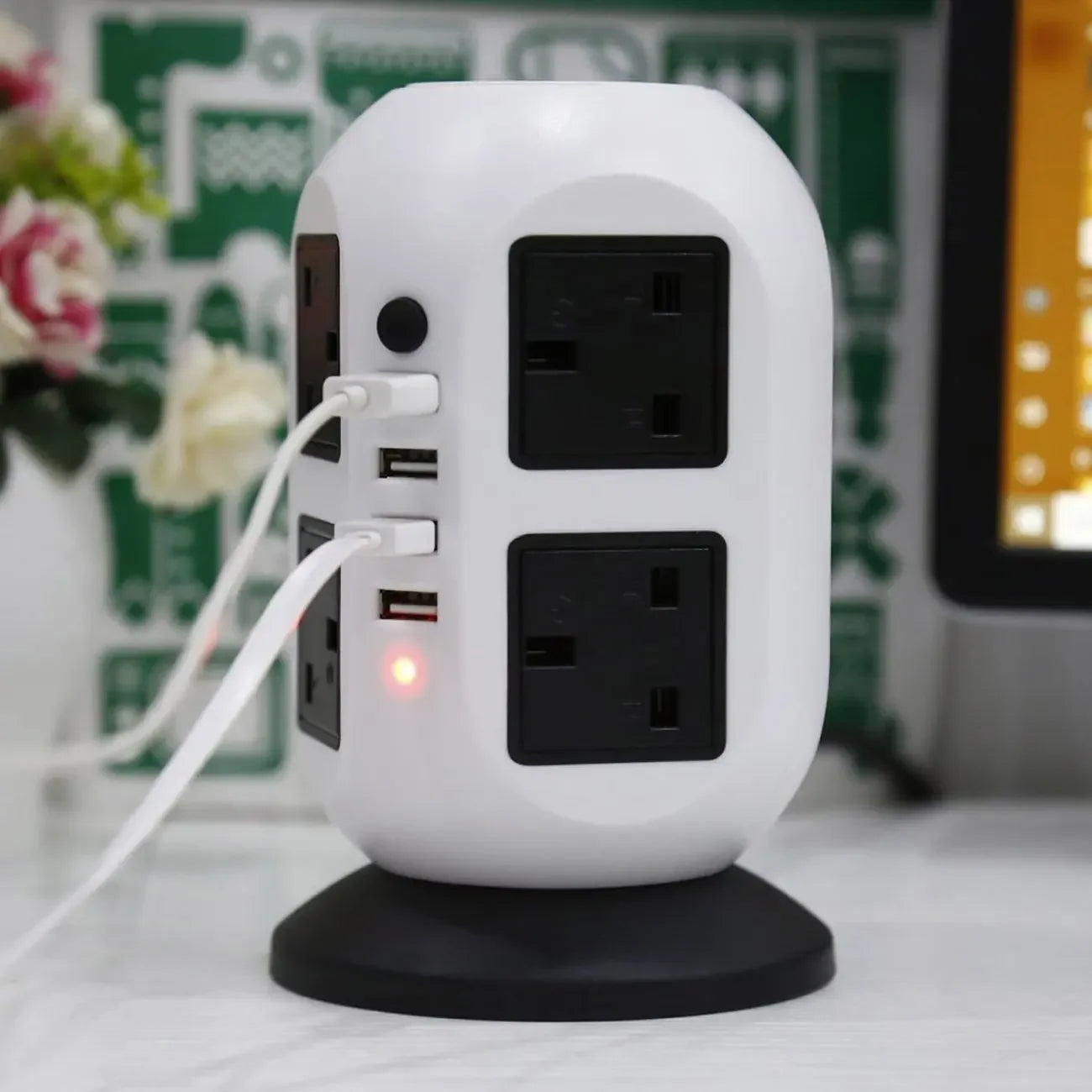 Tower Power Strip Vertical UK Plug Adapter Outlets 8 way AC Multi Electrical Sockets with USB Surge Protector 3m Extension Cord