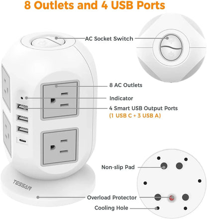 TESSAN Tower Surge Protector Power Strip with 8 Outlets 3 USB Ports 1 Type C