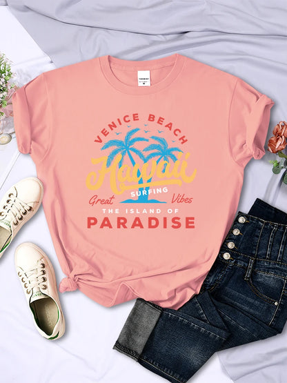 Hawaii Surfing Venice Beach The Island Of Paradise Women Tshirt Personality Trend Clothing Casual All-math Female Short Sleeve