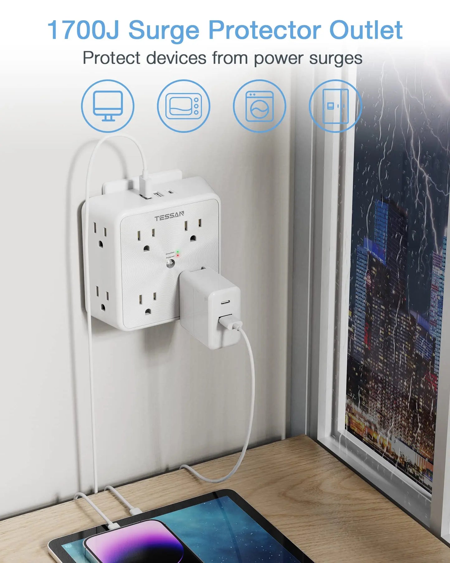 TESSAN Multi Outlet Splitter with 8 AC Outlets & 3 USB (1 USB C), Surge Protector Multi Outlet Extender for Home Office Dorm