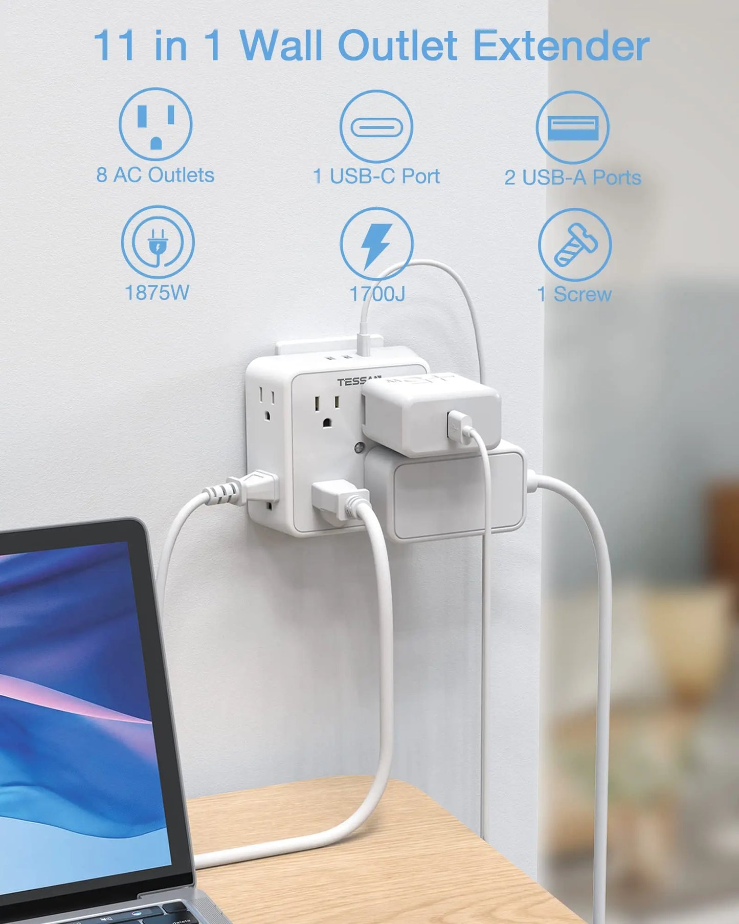 TESSAN Multi Outlet Splitter with 8 AC Outlets & 3 USB (1 USB C), Surge Protector Multi Outlet Extender for Home Office Dorm