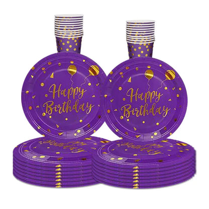 Purple Gold Point Printed Disposable Tableware Plates Party Decor Paper Plates Cups Happy Girls 1st Birthday Party Supplies Kids