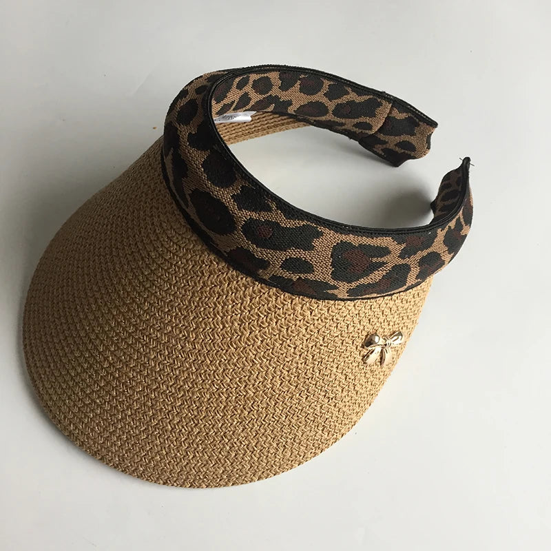 2019 New Woman's Sun Hats Female Leopard Bowknot Visor Caps Hand Made DIY Straw Summer Cap Casual Shade Hat Empty Top Hat Beach