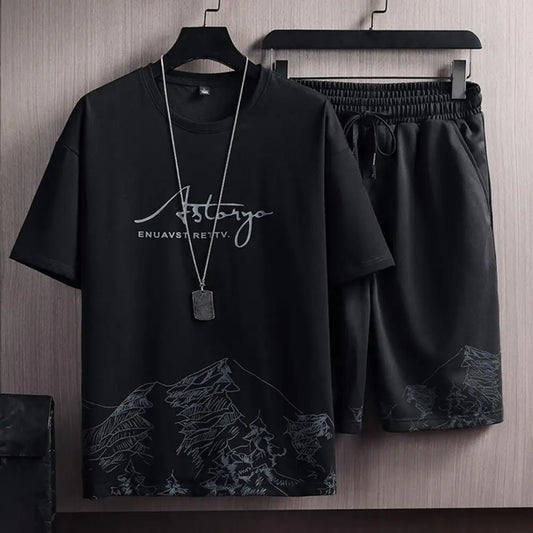 Drawstring Men's Casual Mountain Print Sets