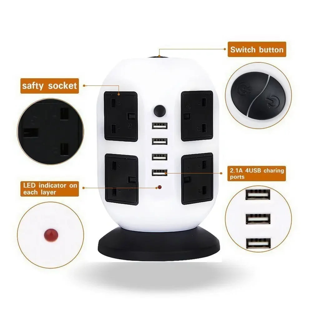 Tower Power Strip Vertical UK Plug Adapter Outlets 8 way AC Multi Electrical Sockets with USB Surge Protector 3m Extension Cord