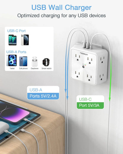 TESSAN Multi Outlet Splitter with 8 AC Outlets & 3 USB (1 USB C), Surge Protector Multi Outlet Extender for Home Office Dorm