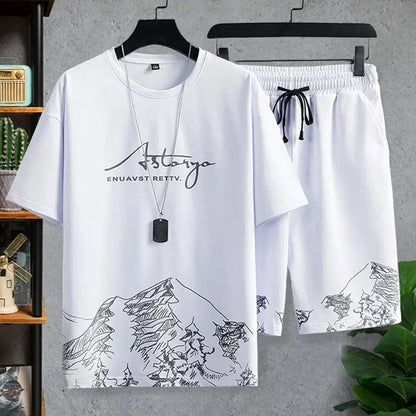 Drawstring Men's Casual Mountain Print Sets