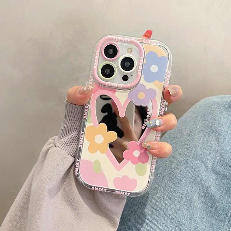 Love Heart Flowers Mirror Phone Case For iPhone