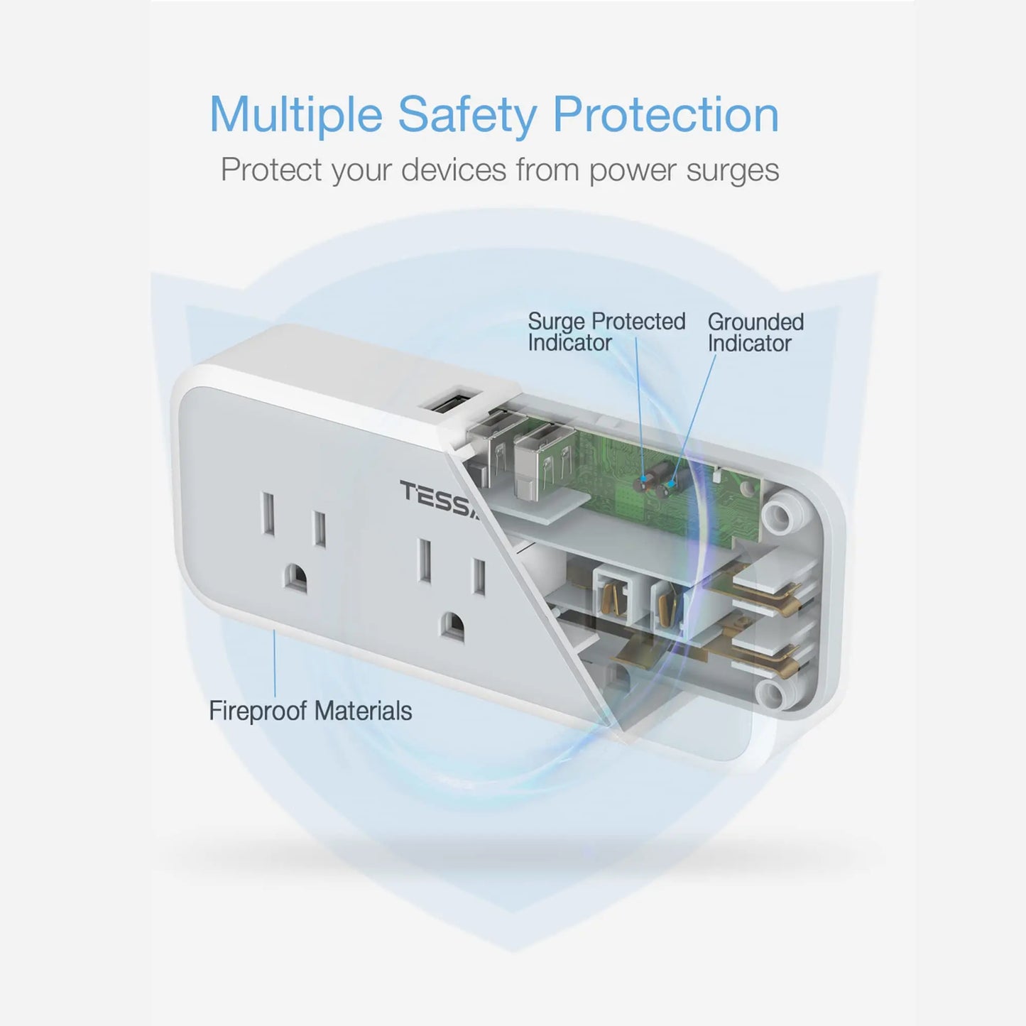 TESSAN Multi Plug Outlet Extender with 5 Outlets & 3 USB (1 USB C), Electrical Power Expander with Surge Protector Spaced