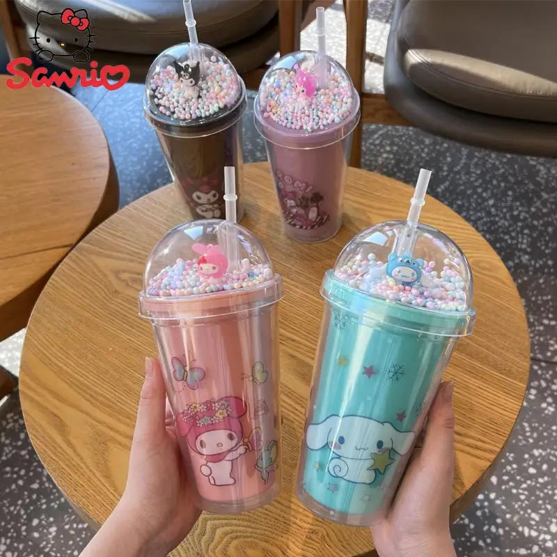 Anime Sanrio Water Bottle Hello Kitty Melody Kuromi Cinnamoroll Double-layer Plastic Cup Portable Sports Mug Girl Birthday Gifts