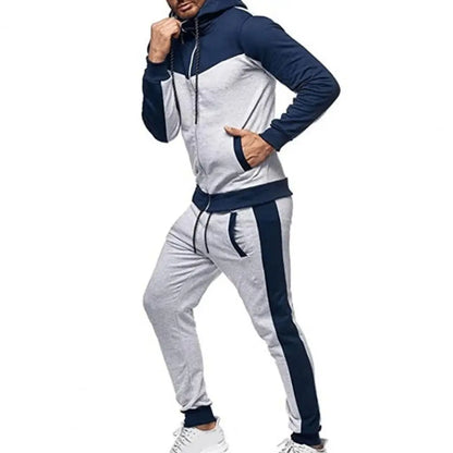 2 Pcs/Set Men Tracksuit Contrast Colors Drawstring Hooded Breathable Coat Suit for Daily Wear