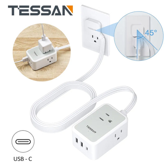 TESSAN 6 in 1 Ultra Thin Flat Plug Power Strip with 3 AC Outlets & 3 USB (1 USB C), 5 ft/10 ft Ultra Thin Flat Extension Cord