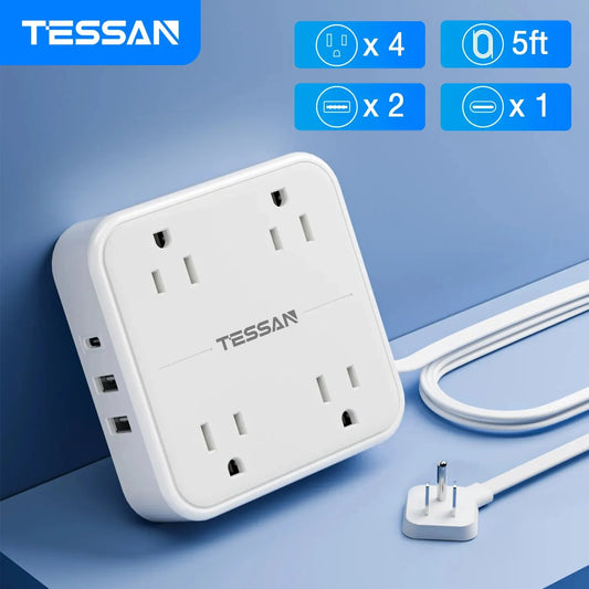 TESSAN Flat Plug Power Strip with 4 AC Outlets +2 USB Ports +1 Type C 7 In 1 Electric Socket with 5ft Ultra Thin Extension Cord