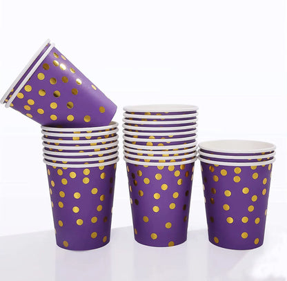 Purple Gold Point Printed Disposable Tableware Plates Party Decor Paper Plates Cups Happy Girls 1st Birthday Party Supplies Kids