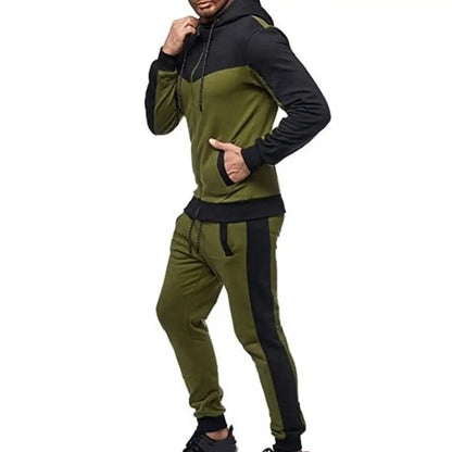 2 Pcs/Set Men Tracksuit Contrast Colors Drawstring Hooded Breathable Coat Suit for Daily Wear