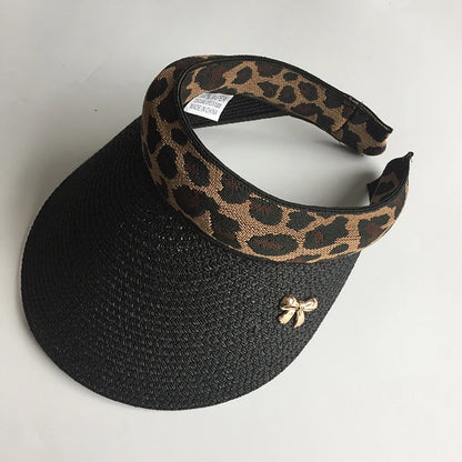 2019 New Woman's Sun Hats Female Leopard Bowknot Visor Caps Hand Made DIY Straw Summer Cap Casual Shade Hat Empty Top Hat Beach