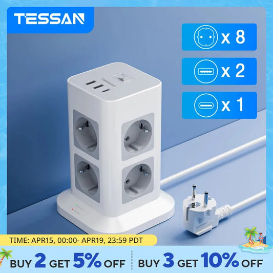 TESSAN Tower Power Strip Multi Outlets with 2 USB +1 Type C 2M Extension Cable EU Plug Vertical Electric Socket Surge Protection