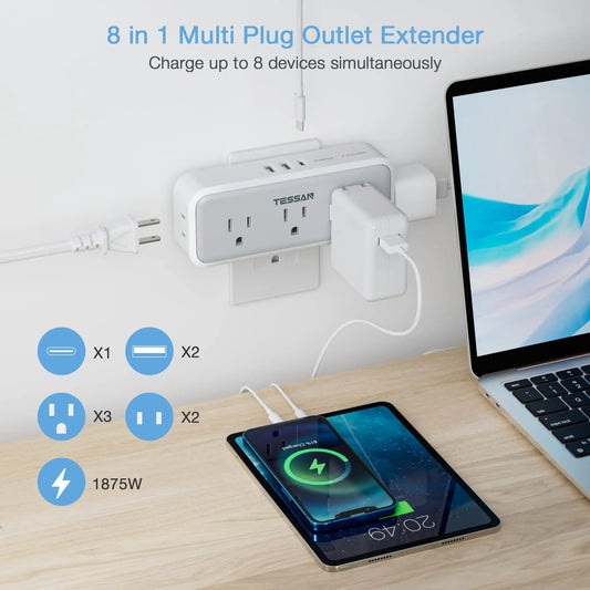 TESSAN Multi Plug Outlet Extender with 5 Outlets & 3 USB (1 USB C), Electrical Power Expander with Surge Protector Spaced