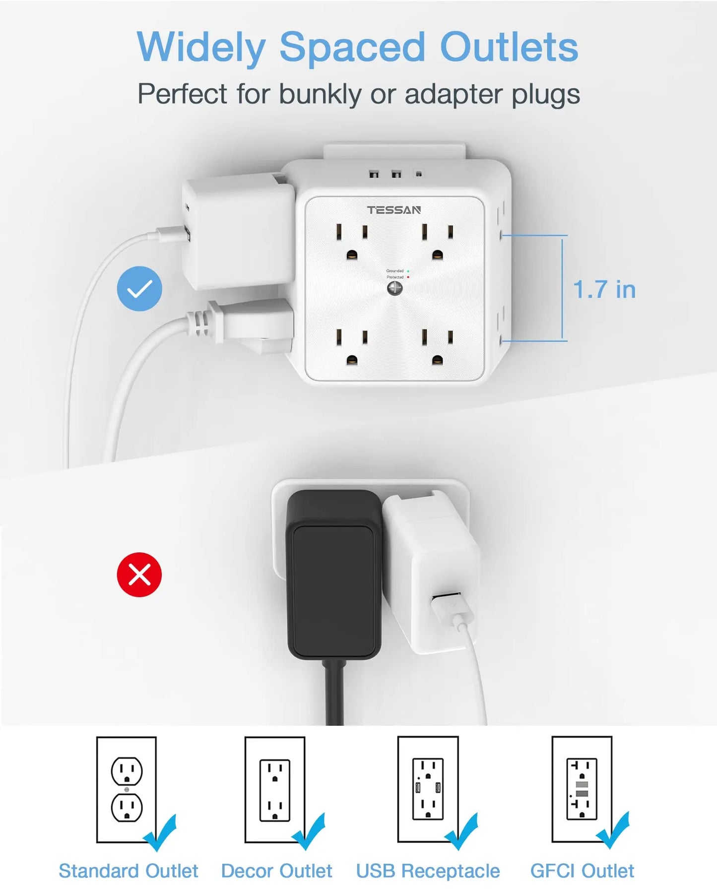 TESSAN Multi Outlet Splitter with 8 AC Outlets & 3 USB (1 USB C), Surge Protector Multi Outlet Extender for Home Office Dorm