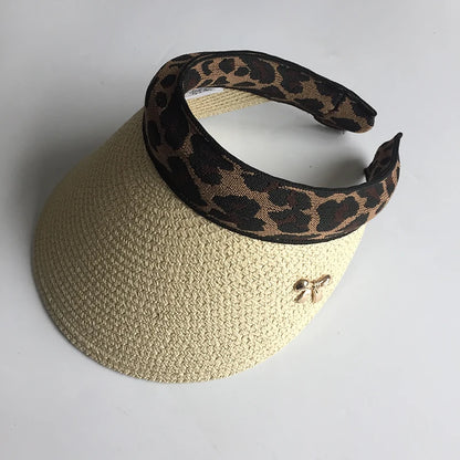 2019 New Woman's Sun Hats Female Leopard Bowknot Visor Caps Hand Made DIY Straw Summer Cap Casual Shade Hat Empty Top Hat Beach