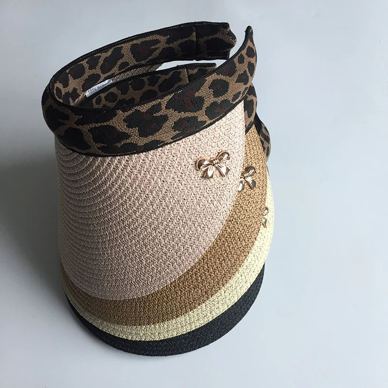 2019 New Woman's Sun Hats Female Leopard Bowknot Visor Caps Hand Made DIY Straw Summer Cap Casual Shade Hat Empty Top Hat Beach