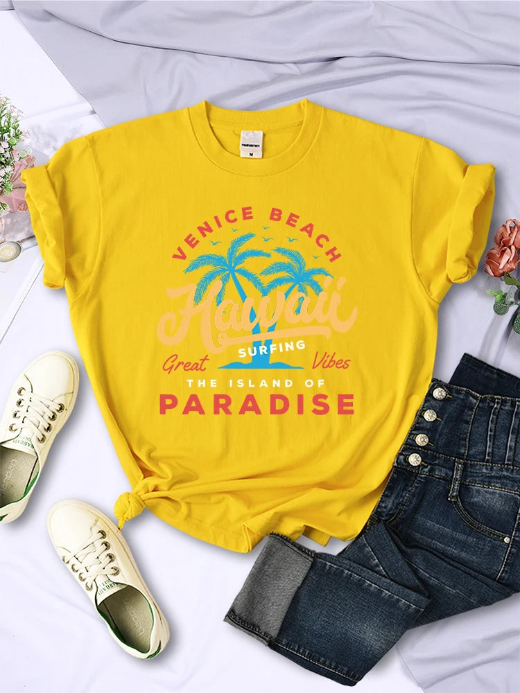 Hawaii Surfing Venice Beach The Island Of Paradise Women Tshirt Personality Trend Clothing Casual All-math Female Short Sleeve