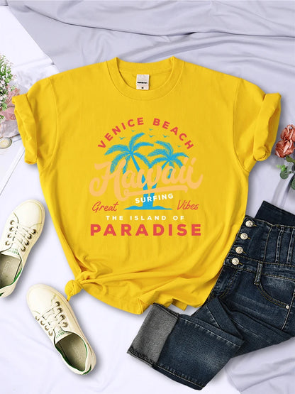 Hawaii Surfing Venice Beach The Island Of Paradise Women Tshirt Personality Trend Clothing Casual All-math Female Short Sleeve