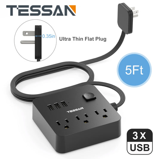 TESSAN Ultra Thin Extension Cord with 3 AC Outlets & 3 USB Ports, 6 in 1 Flat Plug Power Strip with 5ft Extension Cord for Home